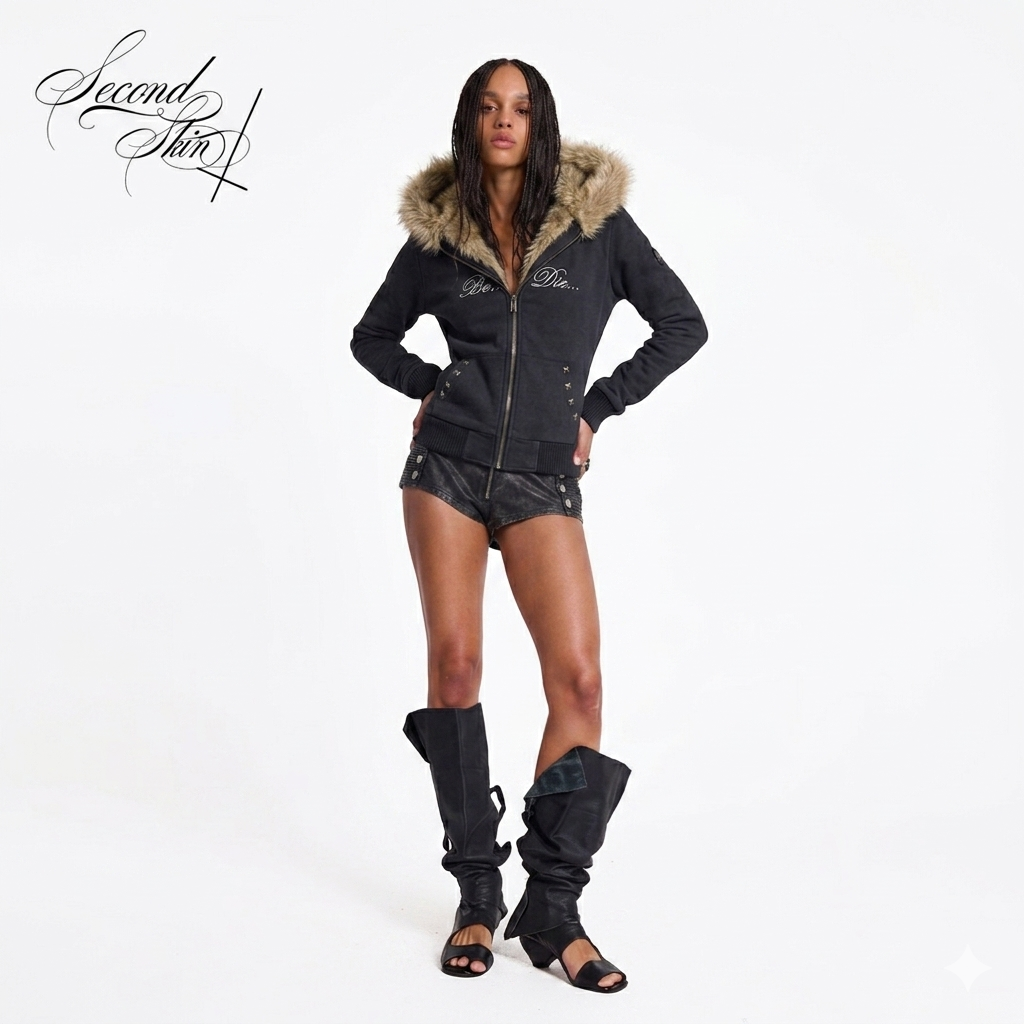 BLACK X FAUX FUR HOOD ZIP UP :3