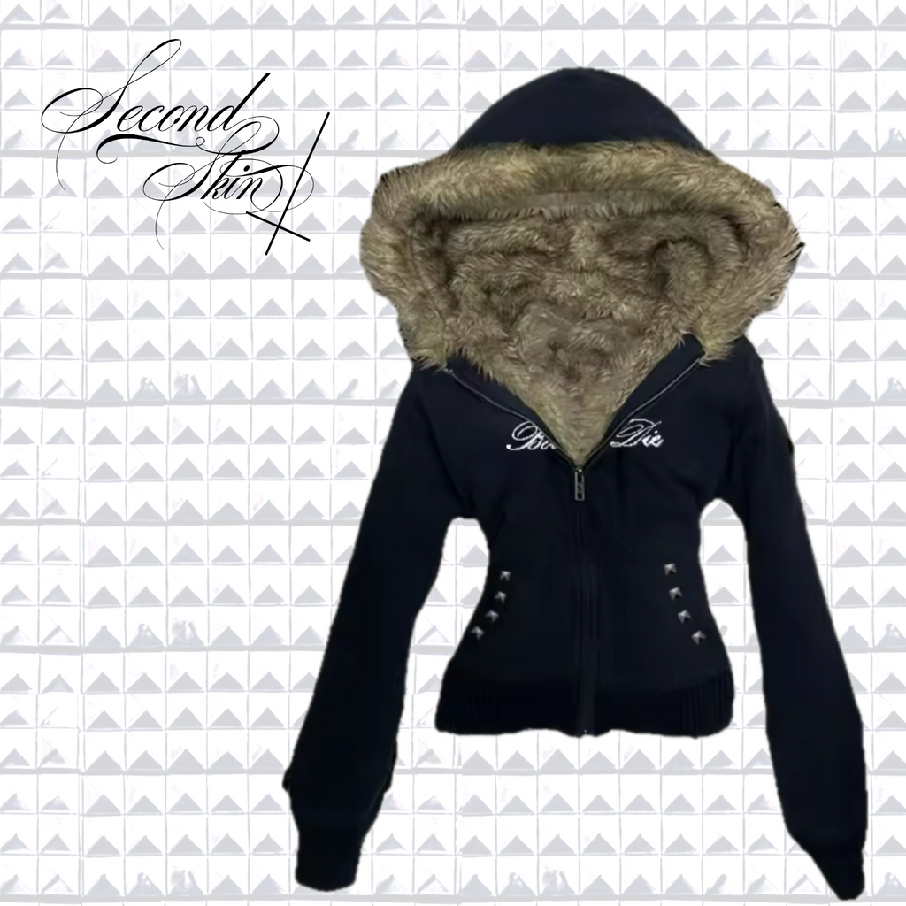 BLACK X FAUX FUR HOOD ZIP UP :3